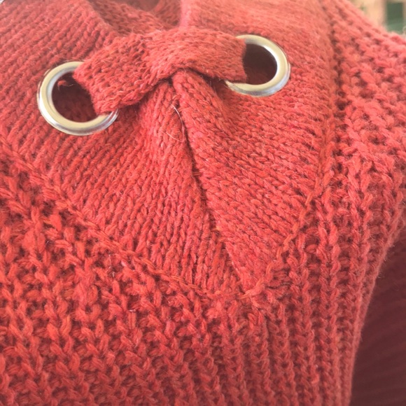 Burnt Red Rib Lace Up V Neck Tweed Knit Sweater - Picture 7 of 8